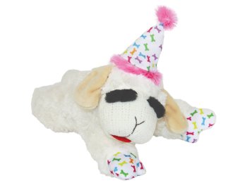 Multipet Lamb Chop w/ Birthday Hat Plush Dog Toy Pink 10.5"