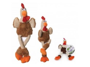 GoDog Checkers - Skinny Rooster Chew Guard Squeaky Plush Dog Toy Brown Large