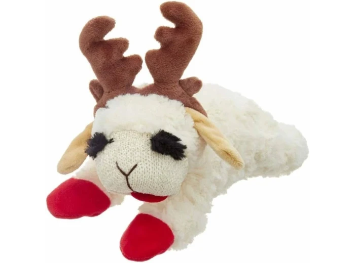 Multipet Holiday Lamb Chop With Antlers Plush Dog Toy (2 Sizes Available) Mini 6"