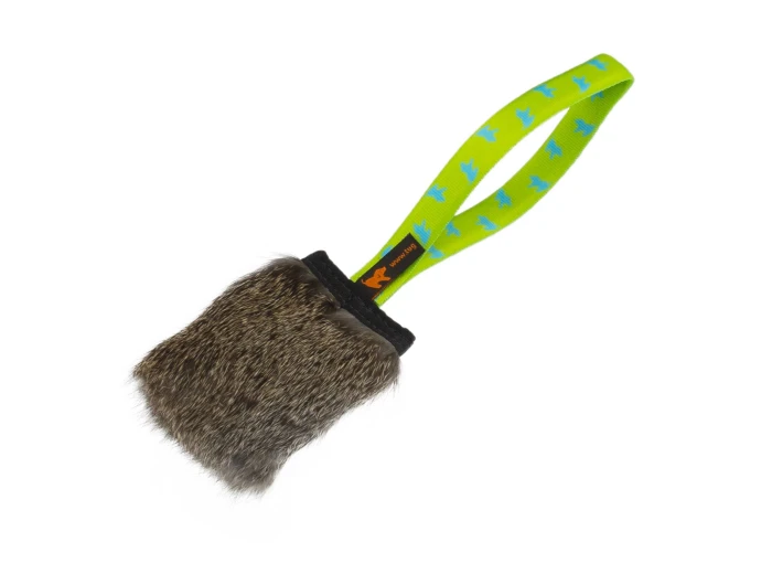 Rabbit Fur Squeaker Tug | Responsibly Sourced | Tug-E-Nuff Yellow Pattern Handle