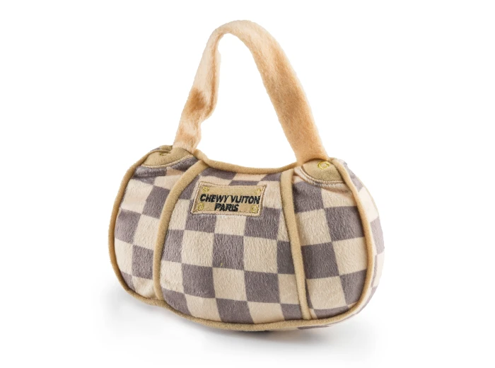Checker Chewy Vuiton Handbag Squeaker Dog Toy Large