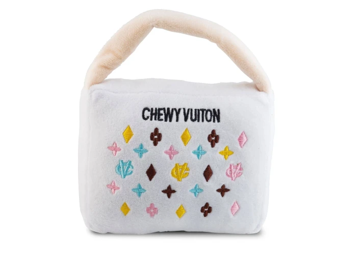 White Chewy Vuiton Purses Squeaker Dog Toy Large