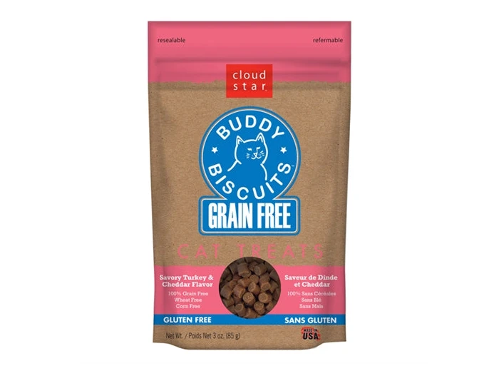 Cloud Star Grain-Free Buddy Biscuits With Savory Turkey and Cheddar Cat Treats; 3oz. Bag