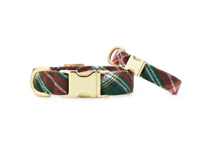 Holly Jolly Flannel Holiday Dog Collar XS Gold