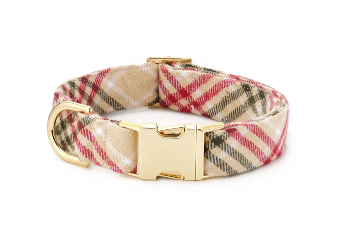 Eggnog Plaid Flannel Holiday Dog Collar L Gold